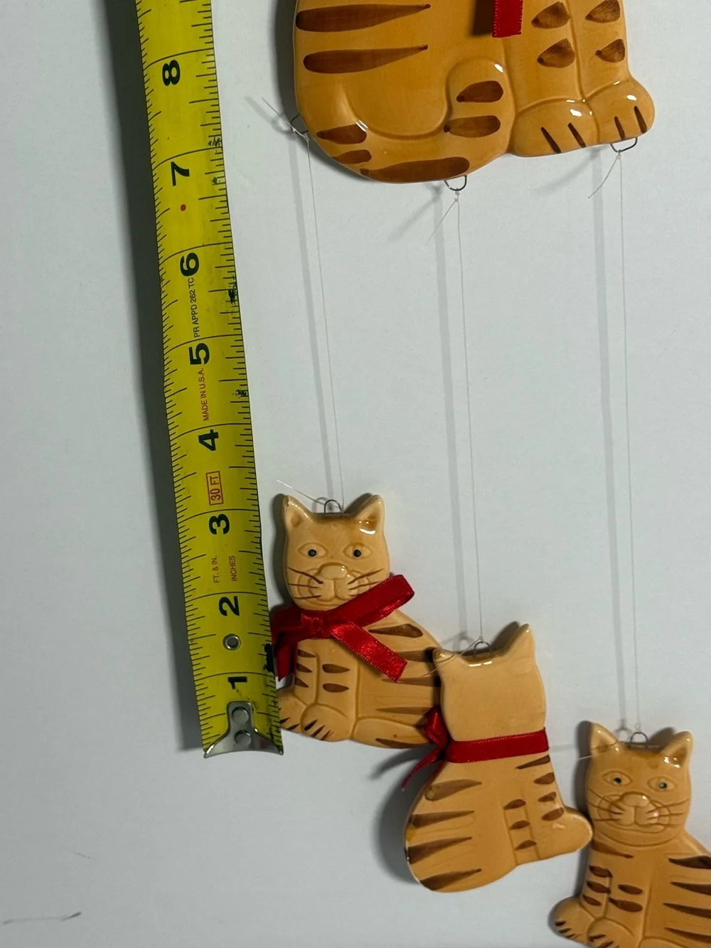 1980s Vintage Cat Family Hand-Painted Ceramic Wind Chime ft.4 Tabby Cats (flaw)